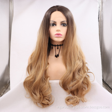 Wholesale Cheap Curly Long Ombre Brown Color Dark Root Natural Wave Women Full Lace Fiber Synthetic Hair Wigs Heat Resistant